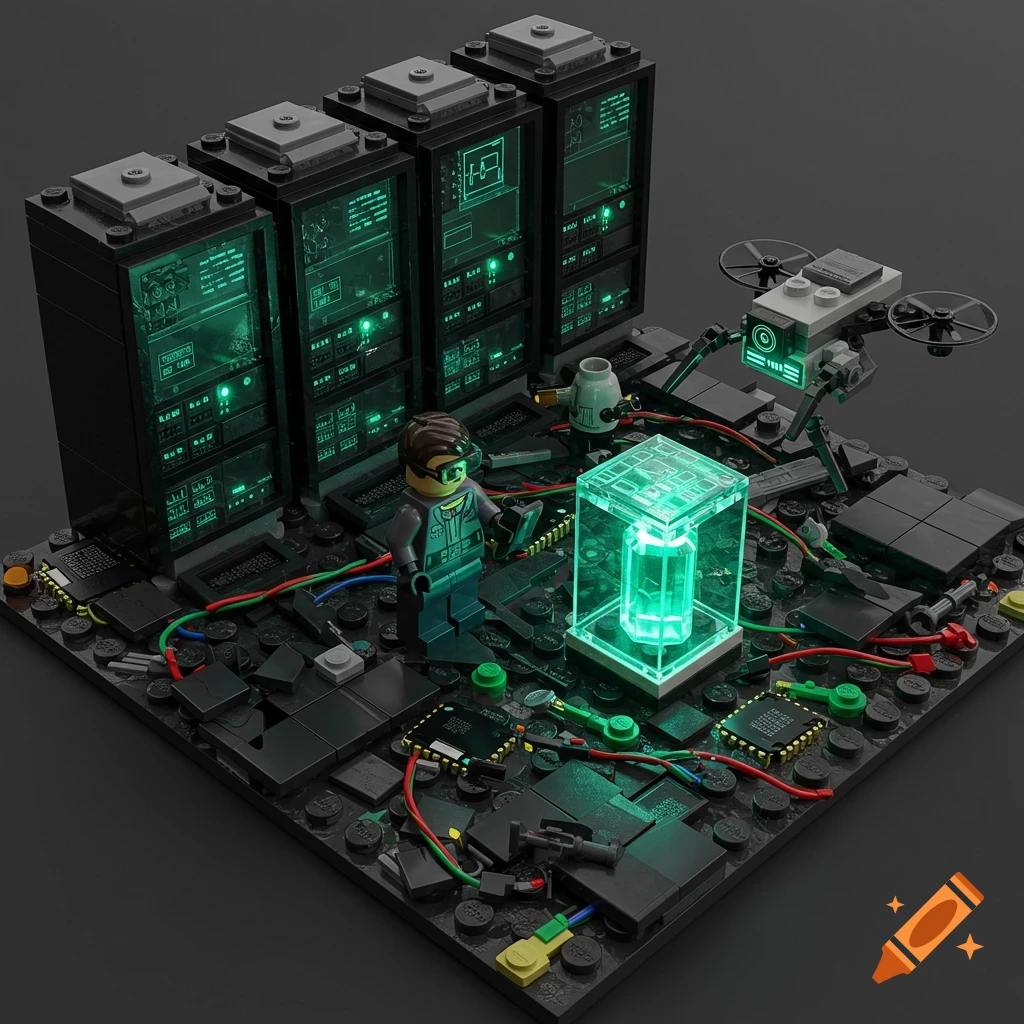 A LEGO minifigure examines a glowing green data crystal surrounded by server racks and a drone, depicting digital archaeology.