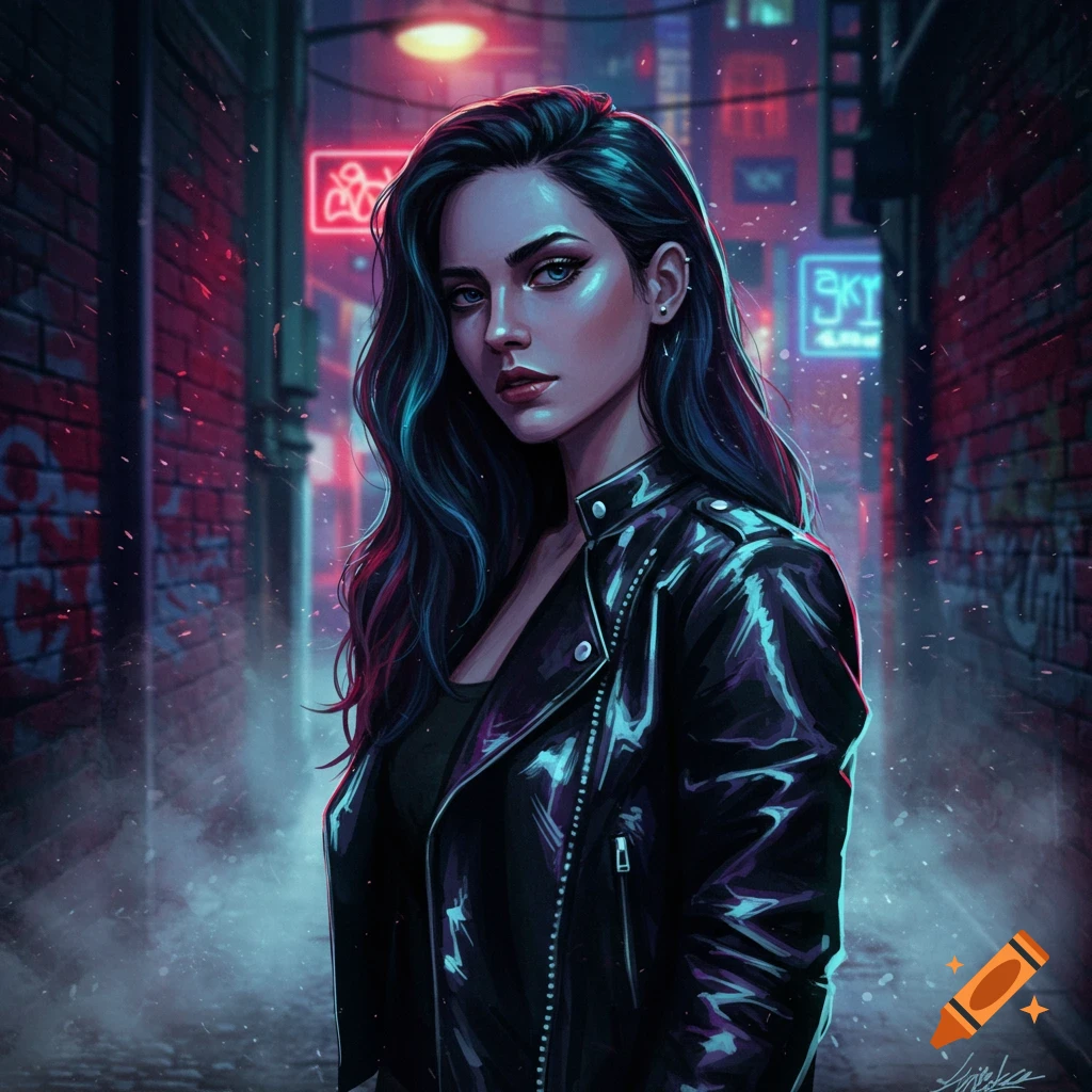 A stylized portrait of a dark-haired woman in a shiny black leather jacket, standing in a neon-lit urban alleyway.