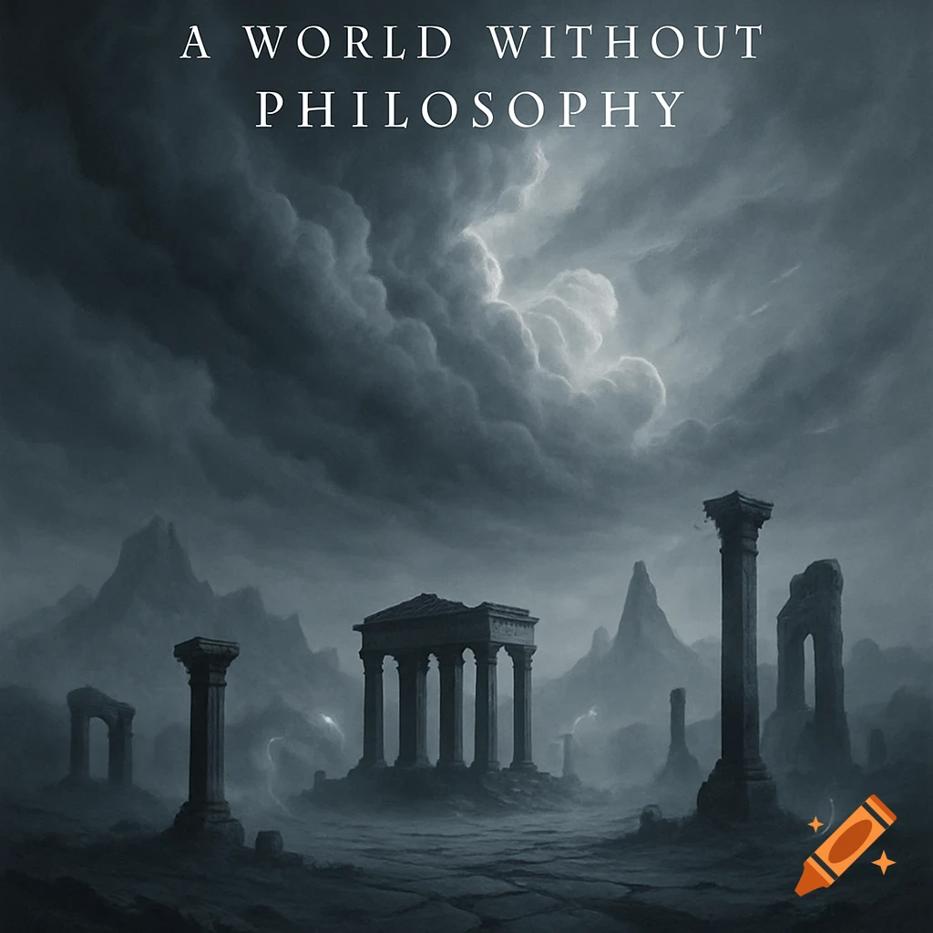 Ancient ruins stand under a dark, stormy sky with the text "A WORLD WITHOUT PHILOSOPHY" at the top.
