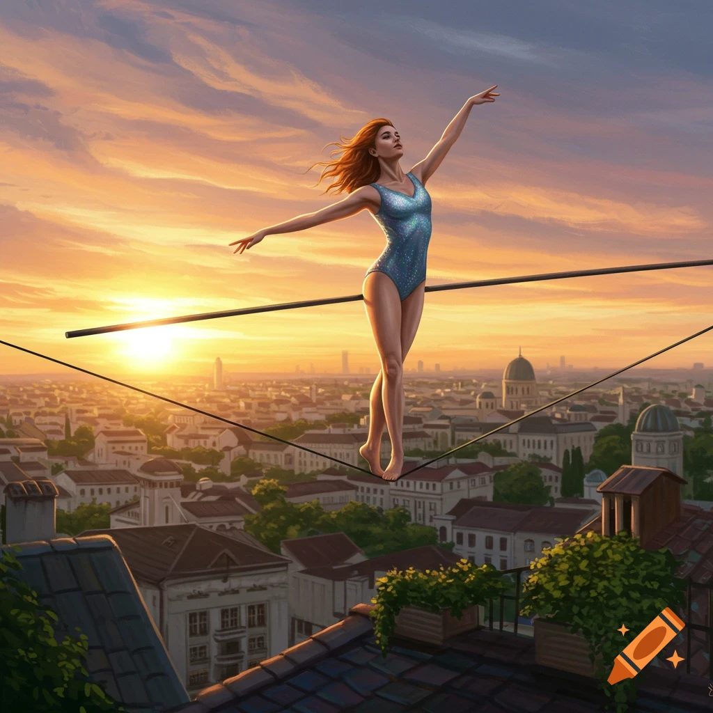 A woman in a blue leotard balances on a tightrope high above a city skyline at sunset in a detailed illustration.