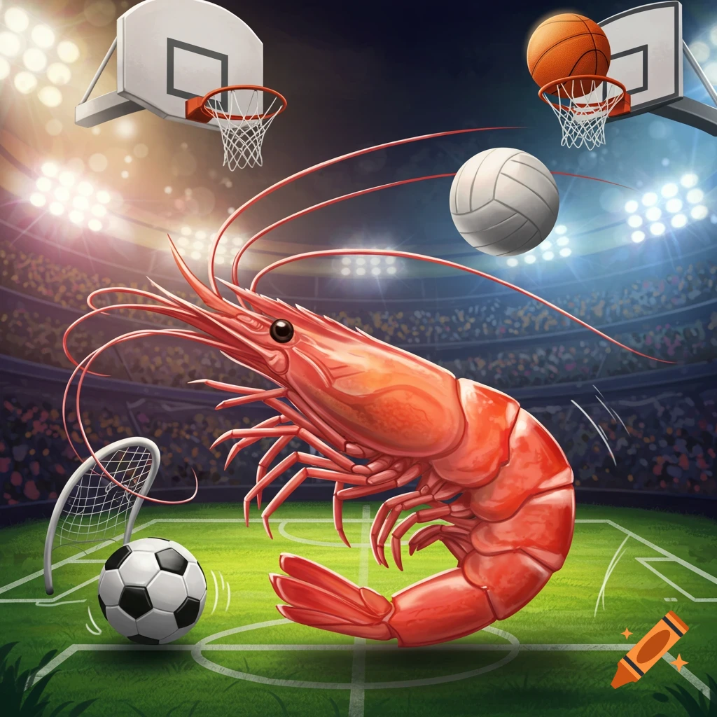 A giant red shrimp plays soccer on a green field in a stadium, with basketball hoops and a volleyball in the background.