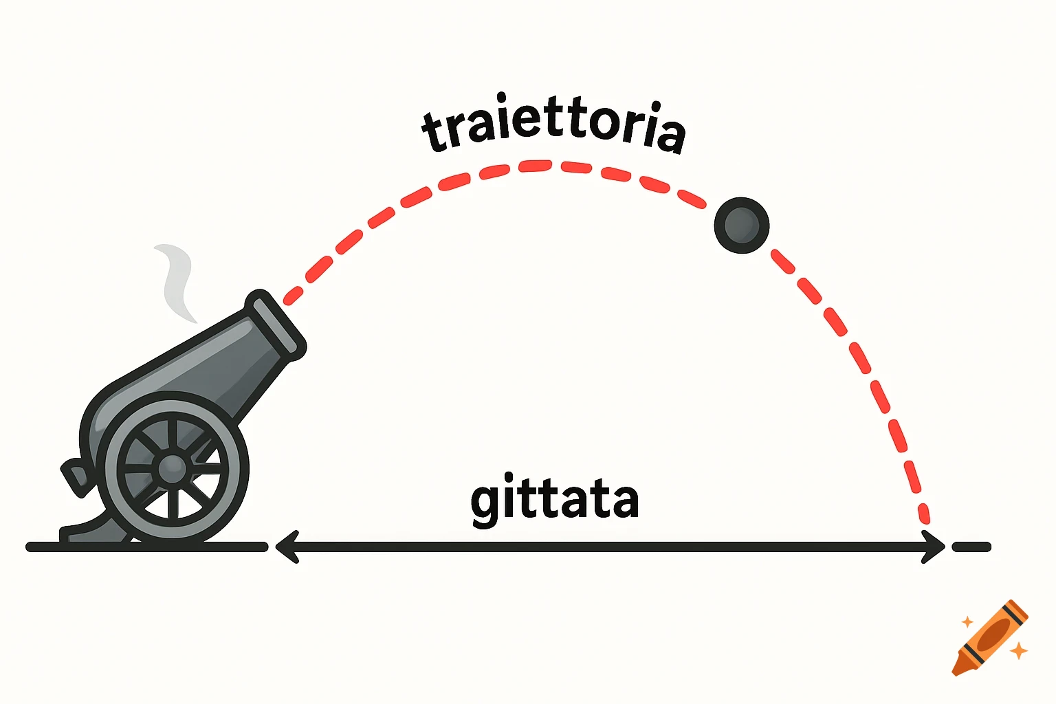 Educational vector illustration of a cannon firing a projectile, showing its parabolic trajectory labeled 'traiettoria' and horizontal range labeled 'gittata'.