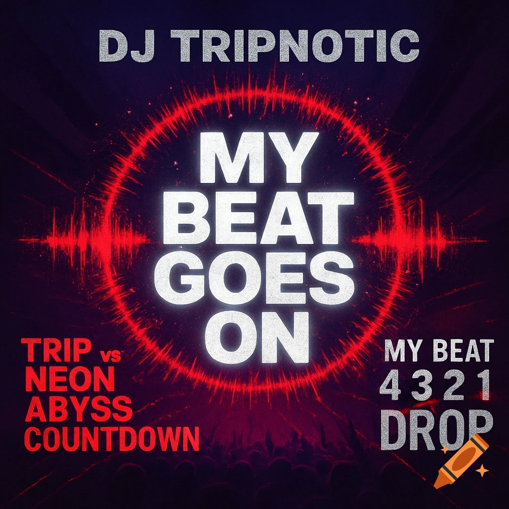Album cover for 'DJ TRIPNOTIC - MY BEAT GOES ON' with a red soundwave circle, glowing white text, and crowd silhouettes.