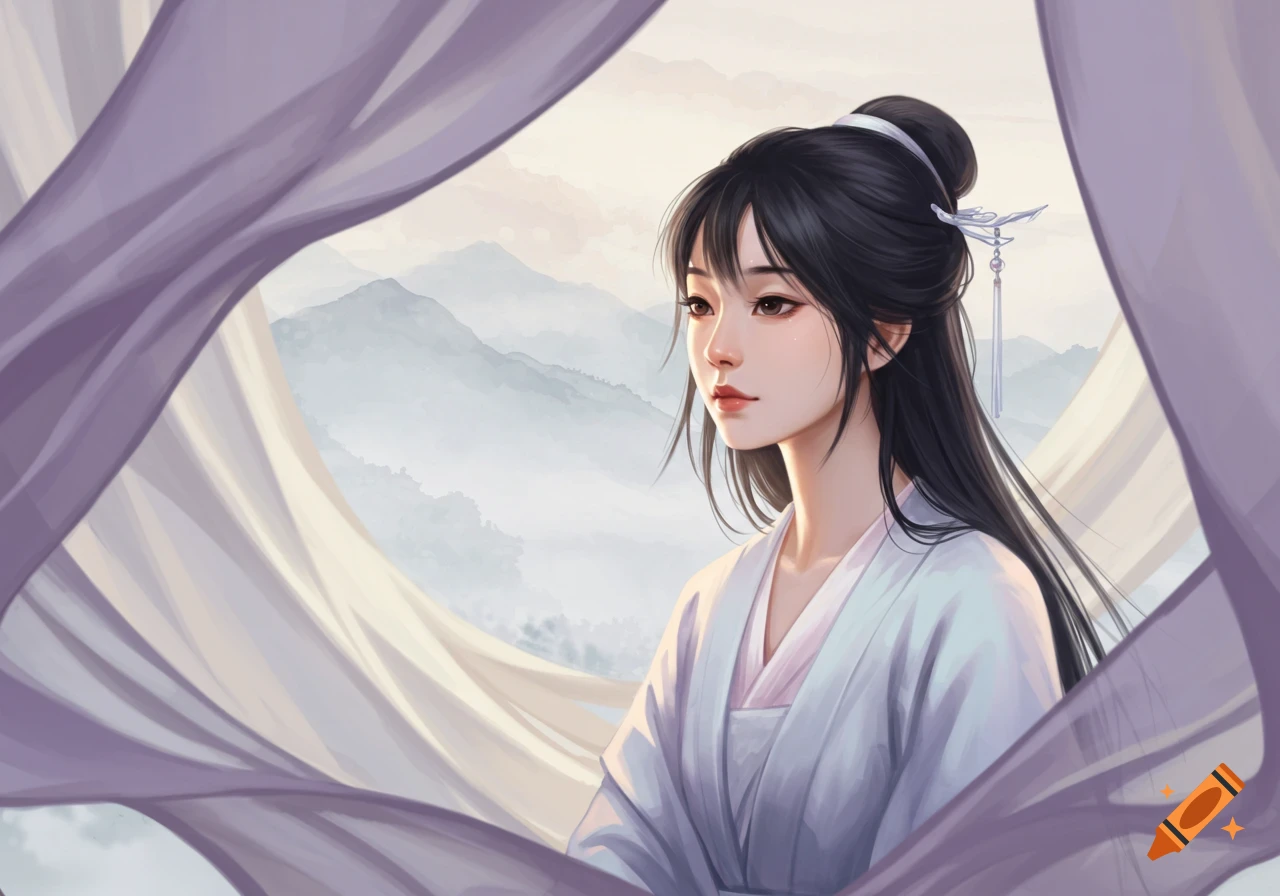 Illustrative portrait of an Asian woman in traditional robes with dark hair, framed by flowing fabric, against misty mountains.