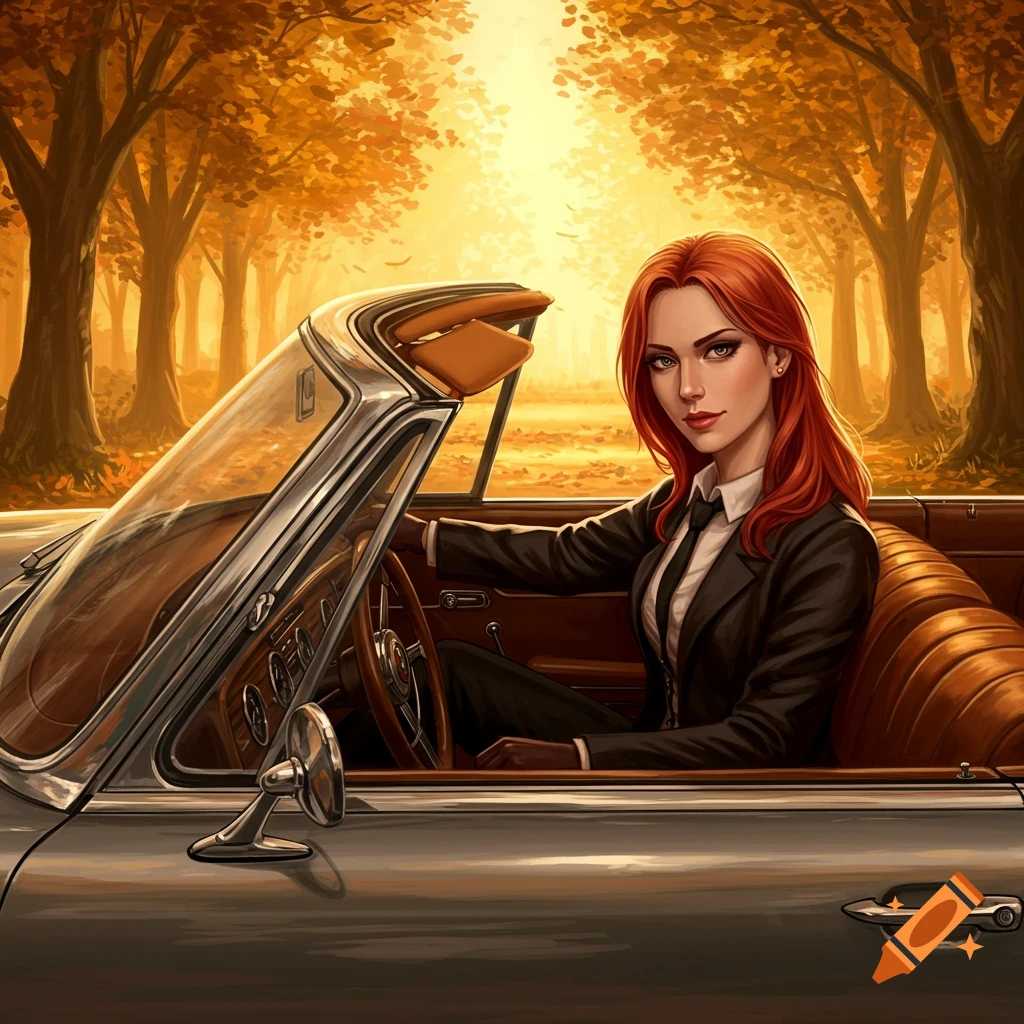 A red-haired woman in a black suit drives a classic convertible through a sunlit autumn forest, digital art.