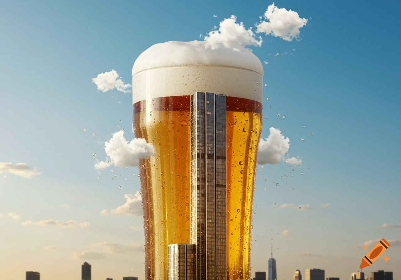 A giant beer glass, shaped like a skyscraper, stands over a city skyline against a blue sky, photorealistic and surreal.