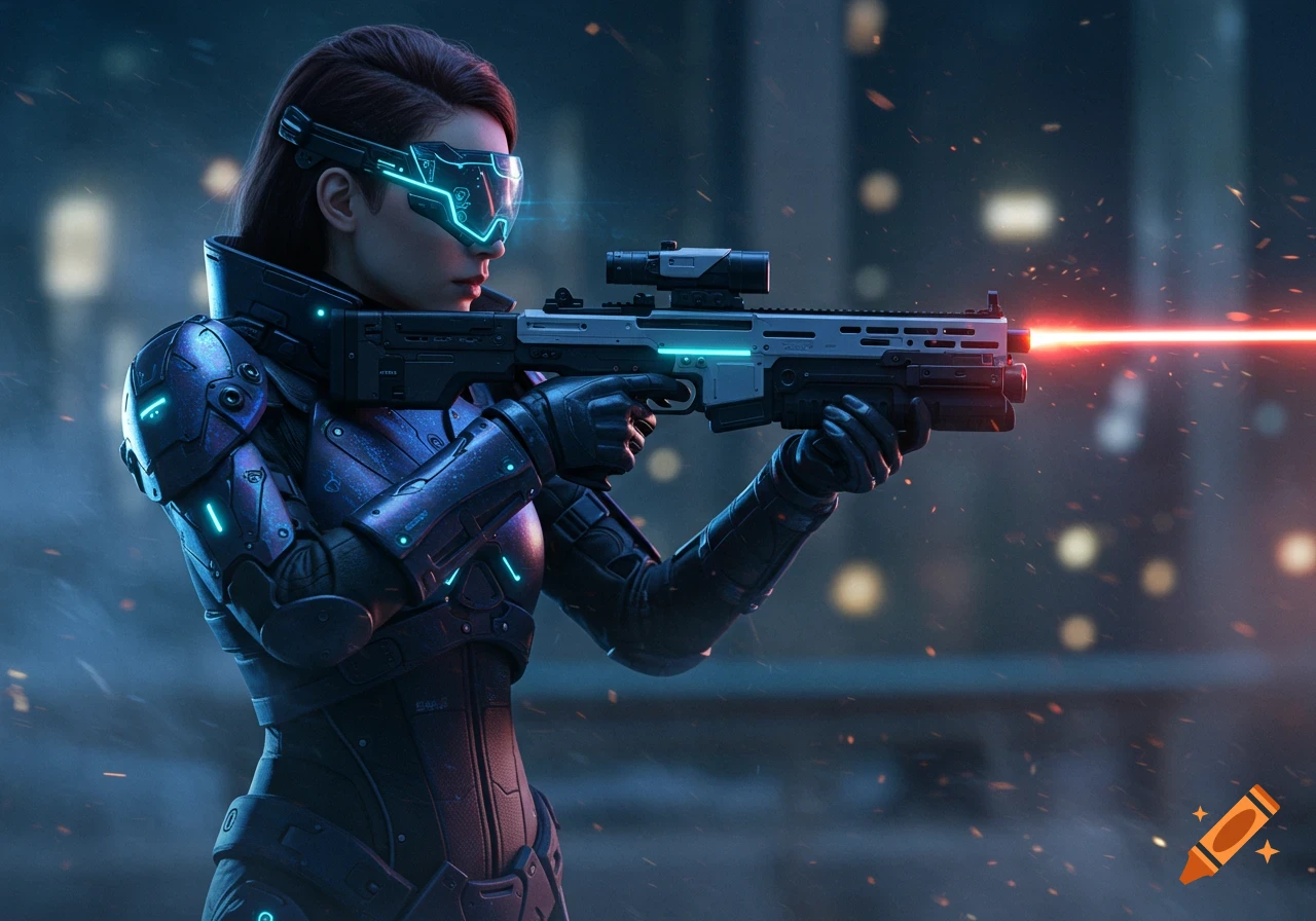 A woman in futuristic military gear with glowing goggles aims and fires a laser rifle in a dark, urban setting.