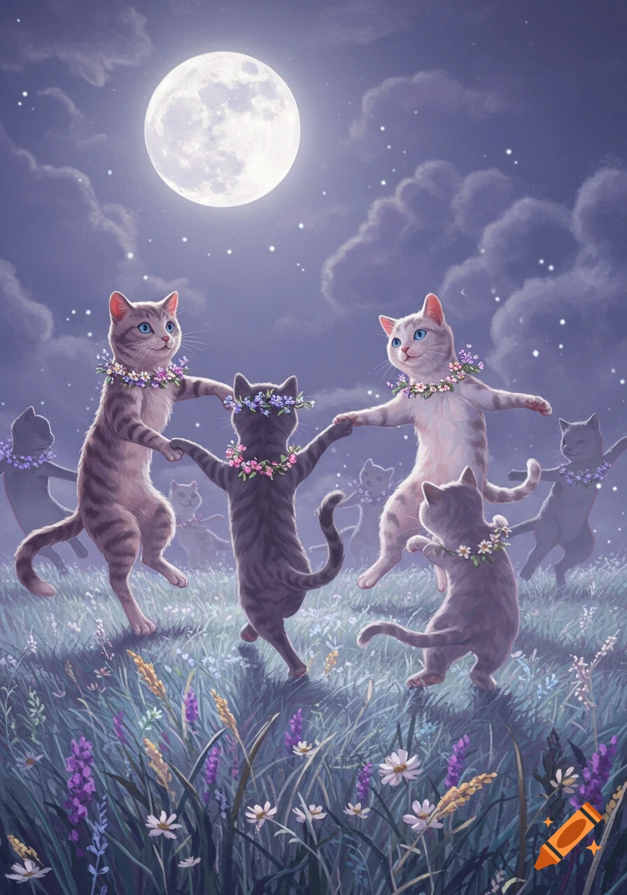 Several whimsical cats adorned with flower garlands dance hand-in-paw in a moonlit field among wildflowers.