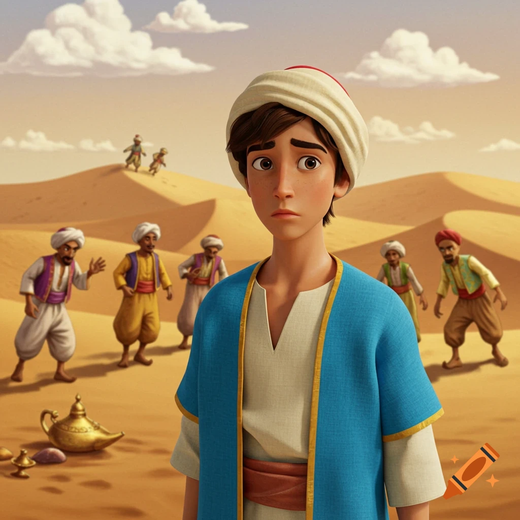 Animated image of a young boy in a turban and blue robe looking concerned in a desert with several men and a magic lamp.