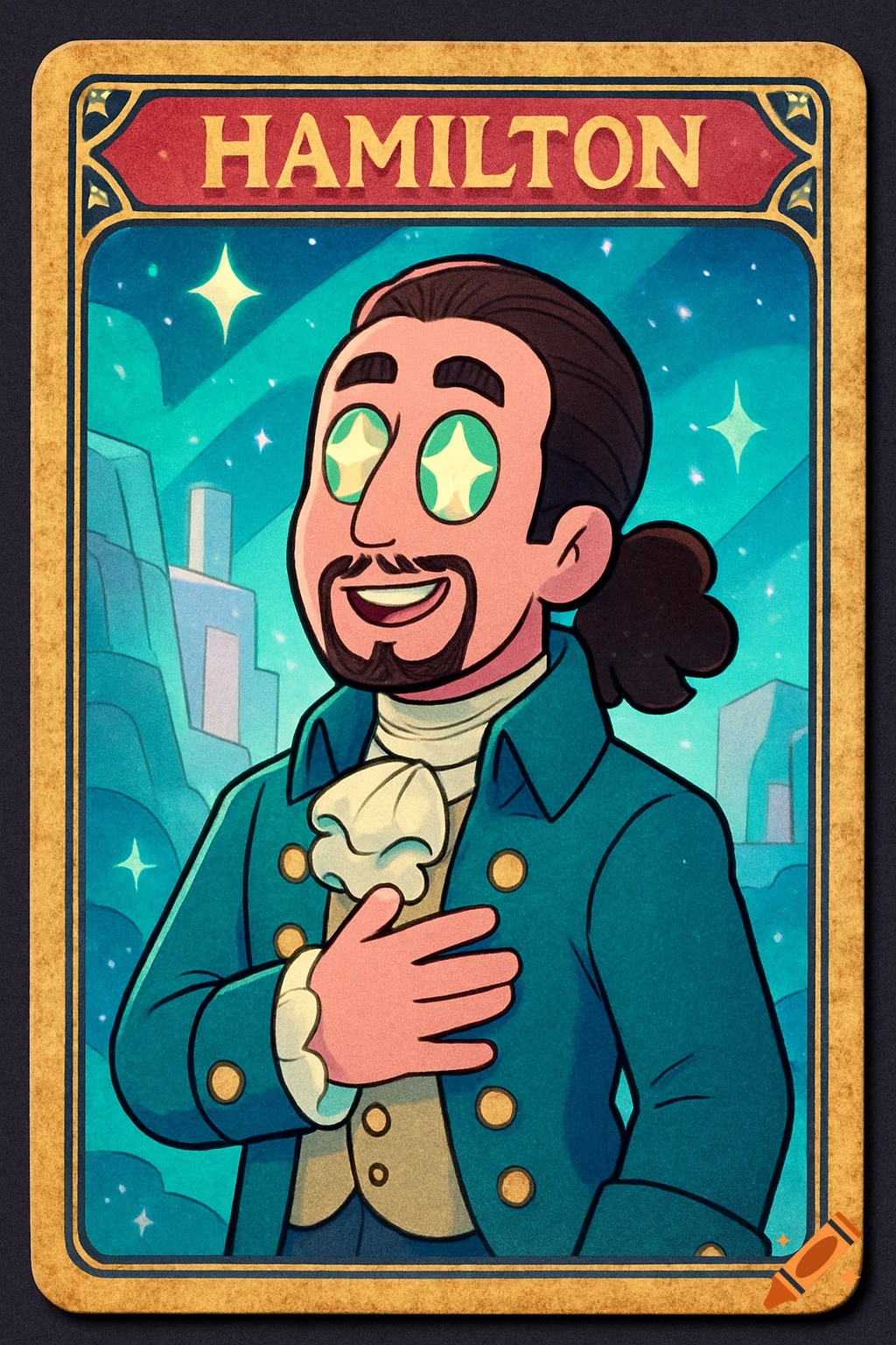 Cartoon stylized Alexander Hamilton on a trading card, smiling with his hand on his chest against a starry teal background.