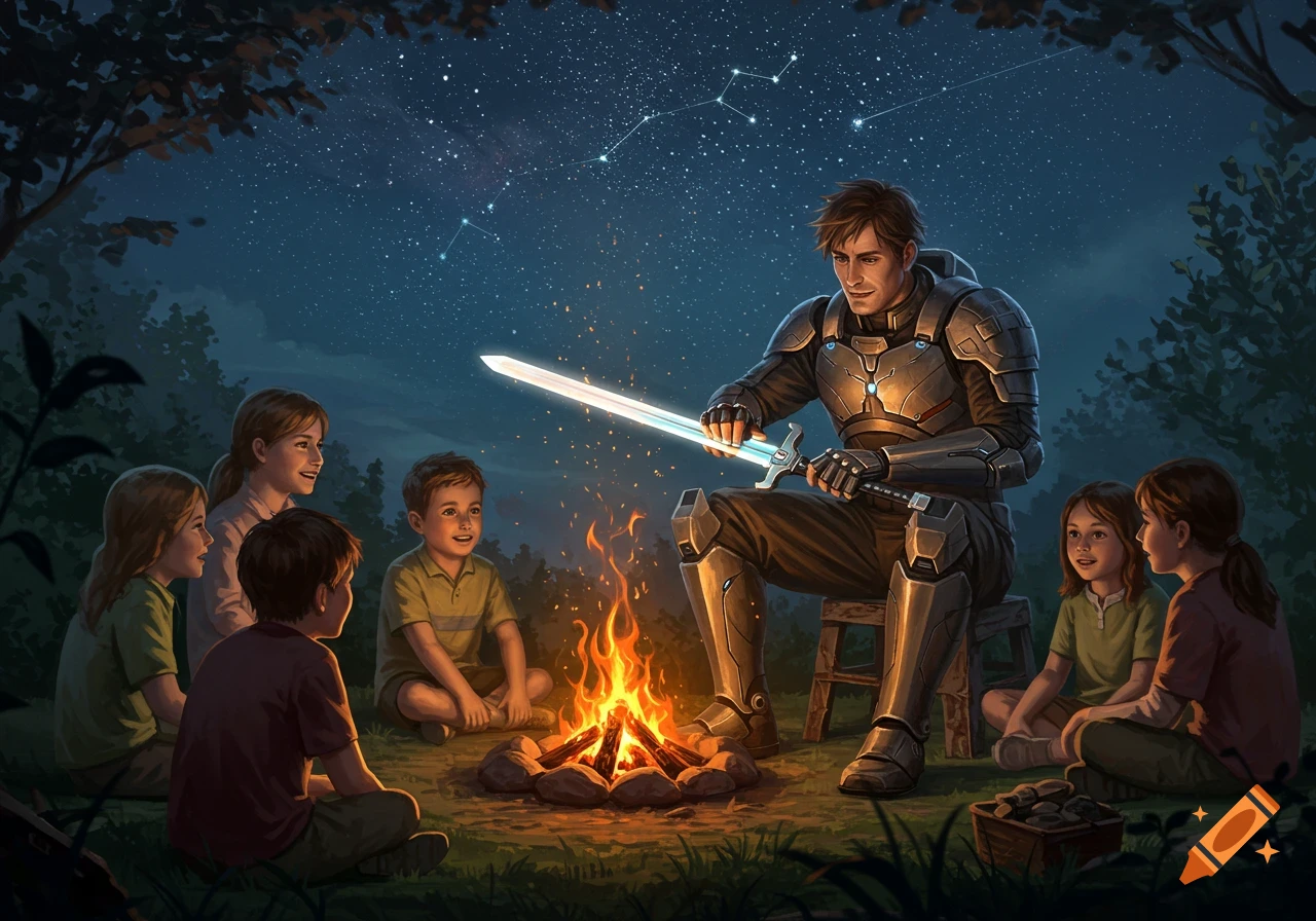 A futuristic soldier with a glowing sword sits by a campfire, surrounded by listening children under a starry night sky.
