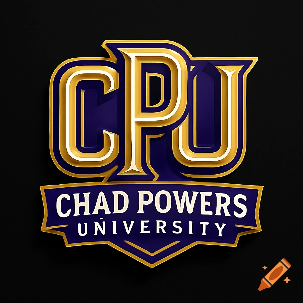 Logo for 'CPU Chad Powers University' with bold purple, gold, and white layered text on a black background.
