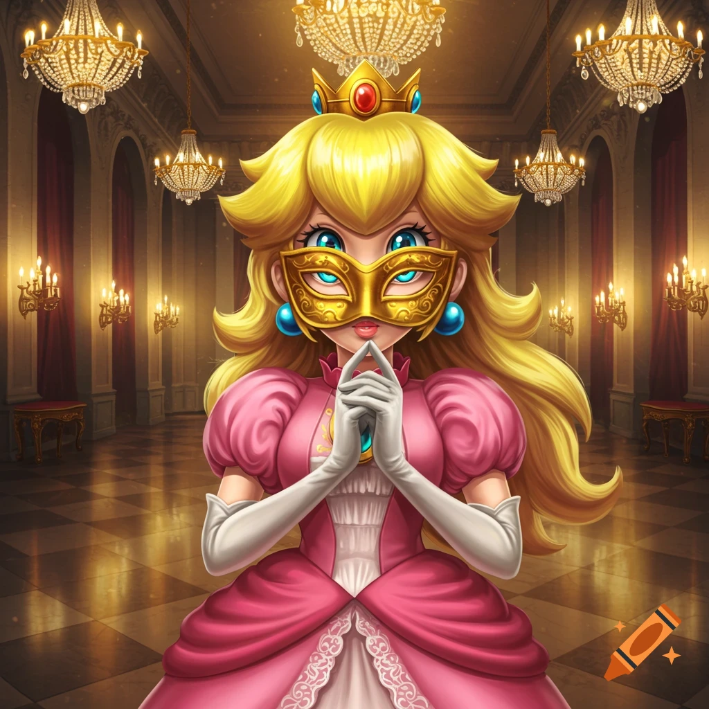 Princess Peach wearing a golden masquerade mask and crown, in a pink ball gown, standing in a grand ballroom with chandeliers.