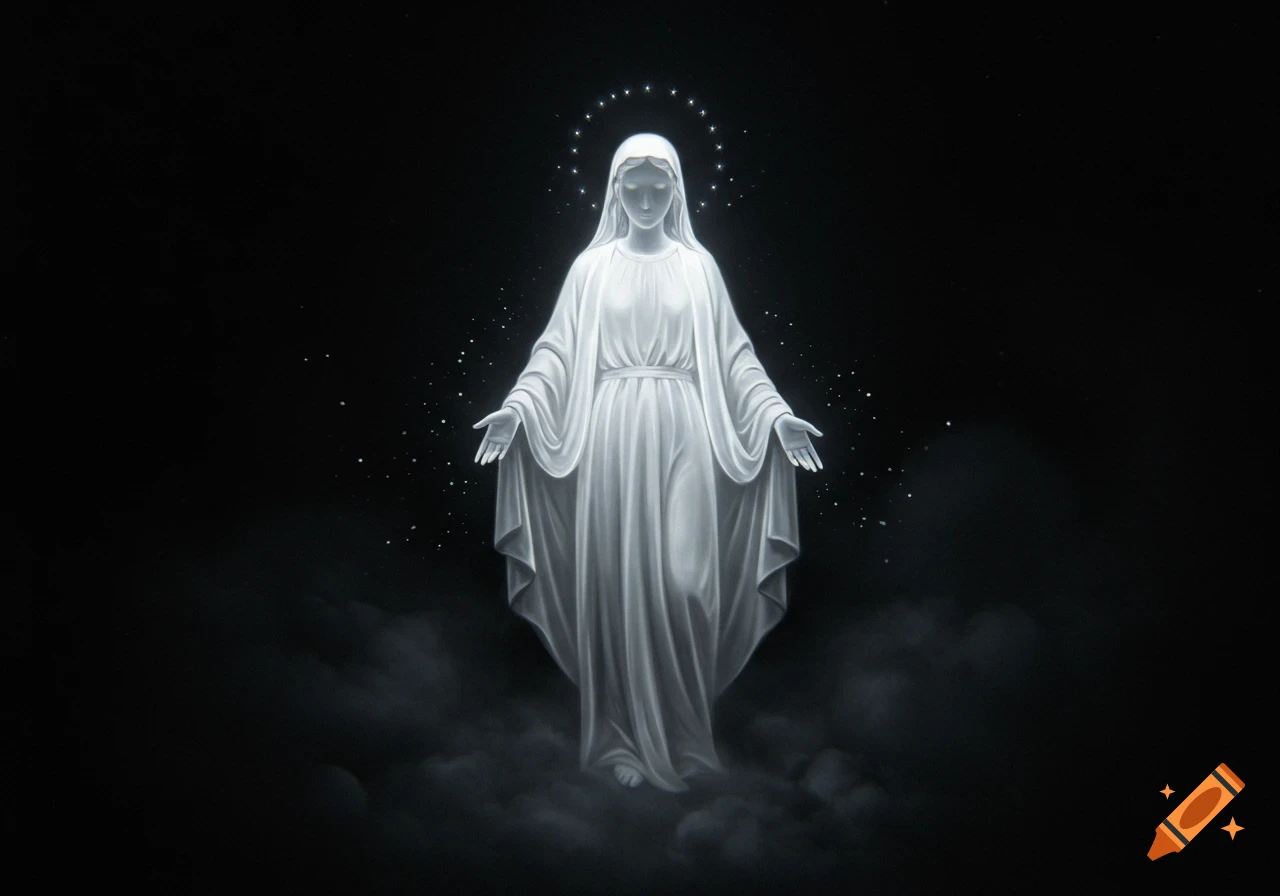 An ethereal, glowing white figure of the Virgin Mary, faceless and radiant, stands in a dark void with glowing particles and mist.
