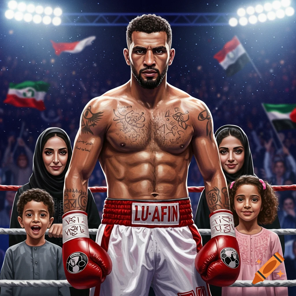 A muscular boxer stands in a ring, looking intensely at the viewer, with his family (a woman in hijab, a young boy, and a young girl) cheering him on in the background. The scene is brightly lit like a professional boxing match, in a realistic illustration style.