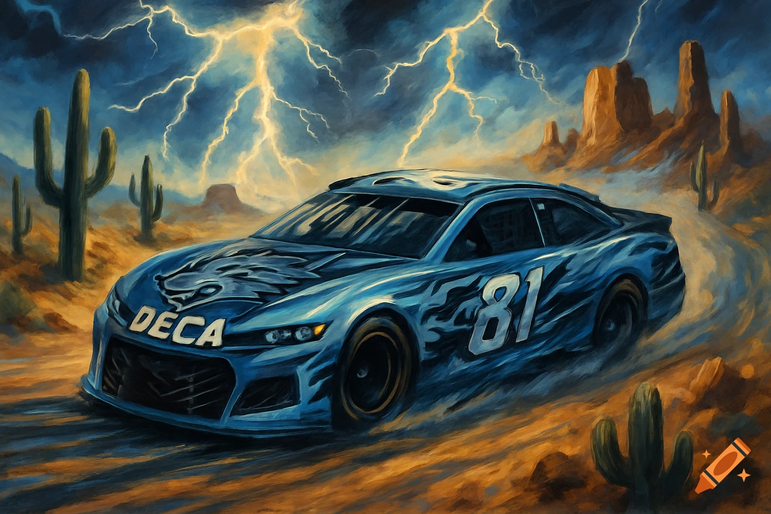 Blue NASCAR car with wolf graphic and 'DECA 81' racing through a lightning-stormy Sonoran desert, in a painterly style.
