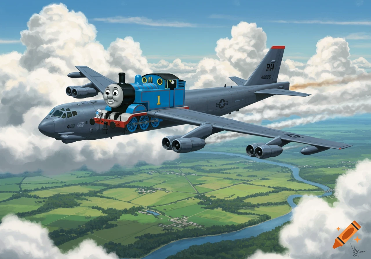 Thomas the Tank Engine on a B-52 bomber flying over green fields and a river, surrounded by clouds.