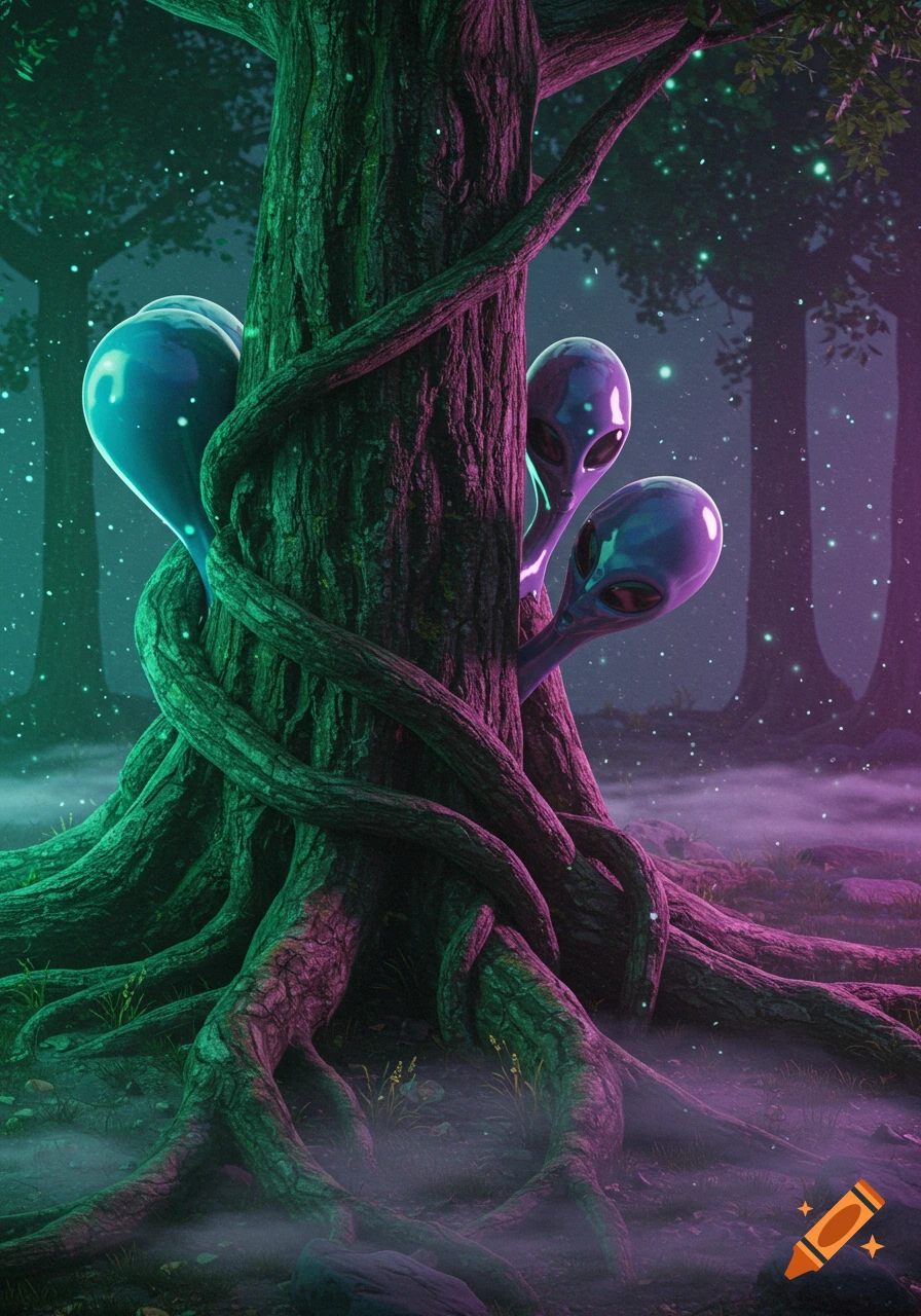 Three alien heads emerge from a gnarled tree trunk in a dark, glowing forest with green and purple light.