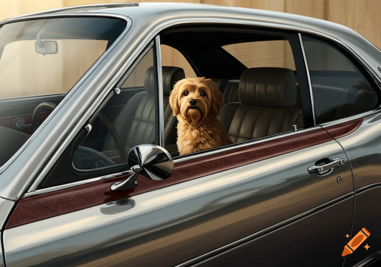 A fluffy brown dog sits in the passenger seat of a shiny metallic vintage car with wood trim.