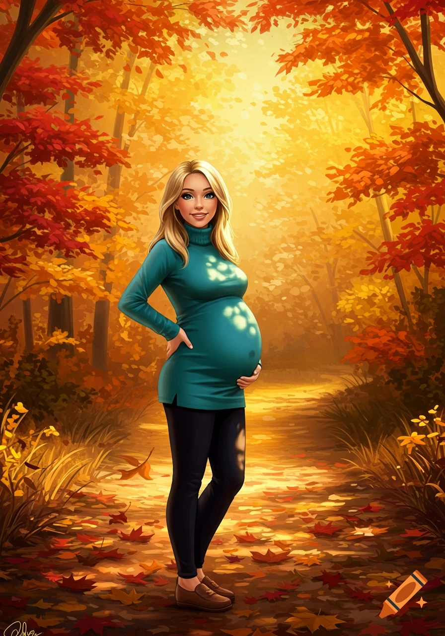 Illustrated pregnant woman in a teal turtleneck, black leggings, and brown shoes, smiling on an autumn forest path.