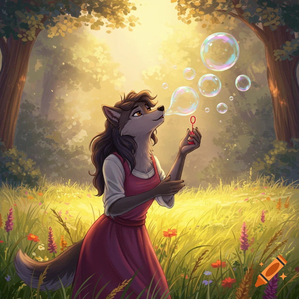 Cartoon anthropomorphic wolf woman in a red dress blowing iridescent bubbles in a sunlit forest meadow.