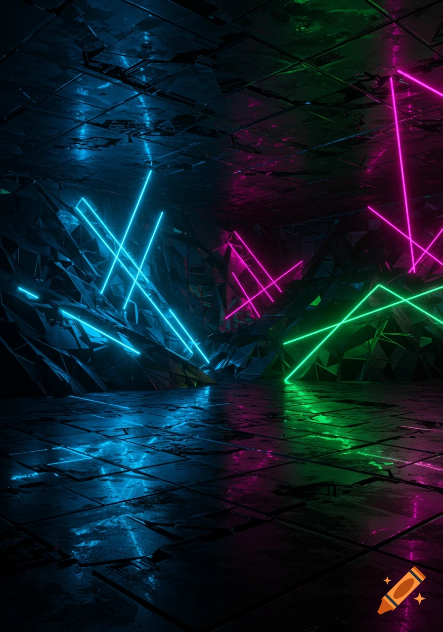 Dark, futuristic room with glowing blue, pink, and green geometric neon lines on textured walls and reflective floor.