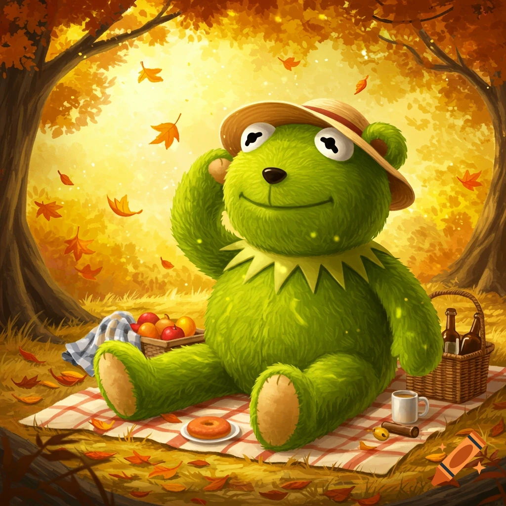 A cute green furry Kermit-like plushie wearing a straw hat sits on a picnic blanket in a vibrant autumn forest.
