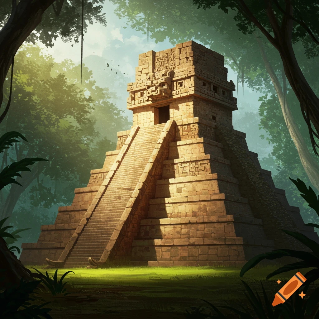Ancient Mayan temple pyramid in a lush, sun-dappled jungle.