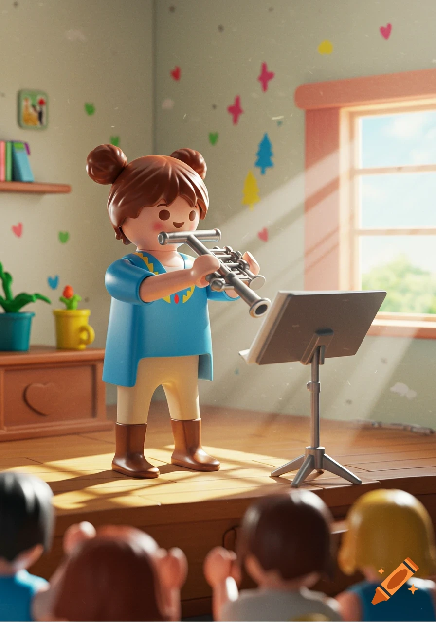 A 3D rendered Playmobil girl with pigtails plays a flute on a stage, watched by other toy figures.