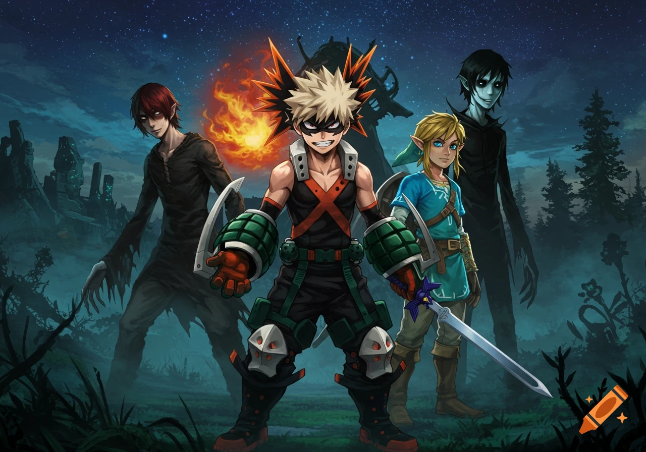 Four characters, Bakugou, Link, a red-haired boy, and a shadowy figure, stand in a dark, starry fantasy landscape.