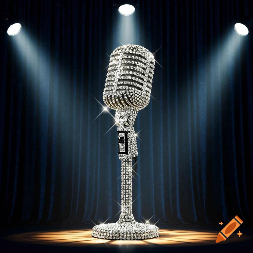 A diamond-encrusted vintage microphone stands center stage under spotlights against a dark blue velvet curtain.