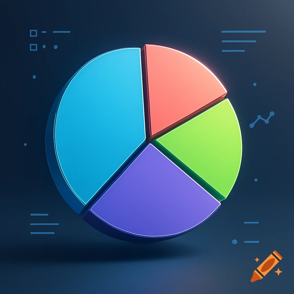 A vibrant, glossy 3D pie chart with four slices in blue, red, green, and purple, on a dark background.