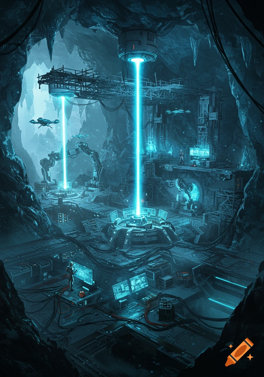 A futuristic sci-fi base under construction inside a vast, icy blue underground cave with glowing beams and intricate machinery.