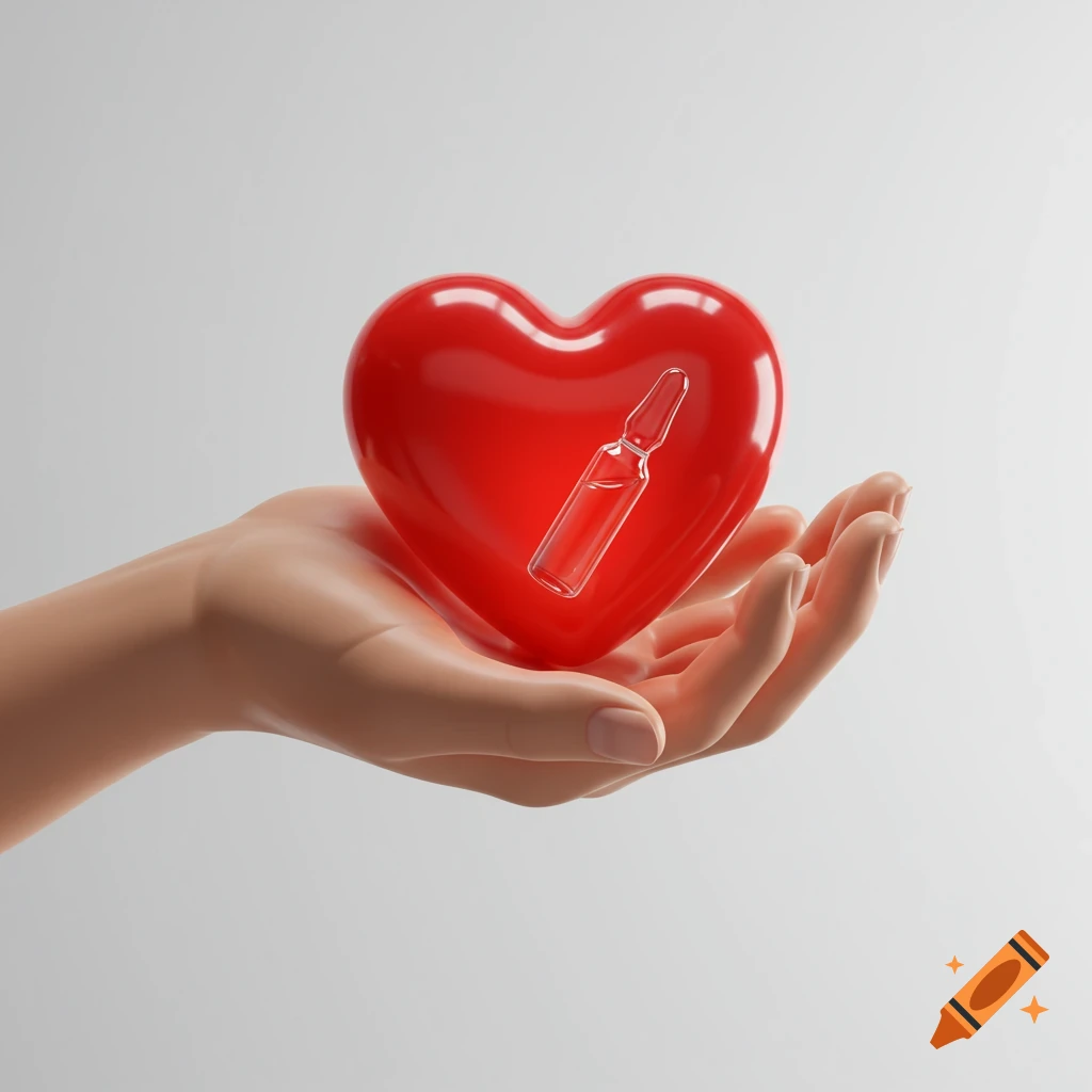 A realistic hand gently holds a glossy red heart with a clear medicine vial inside against a soft white background.