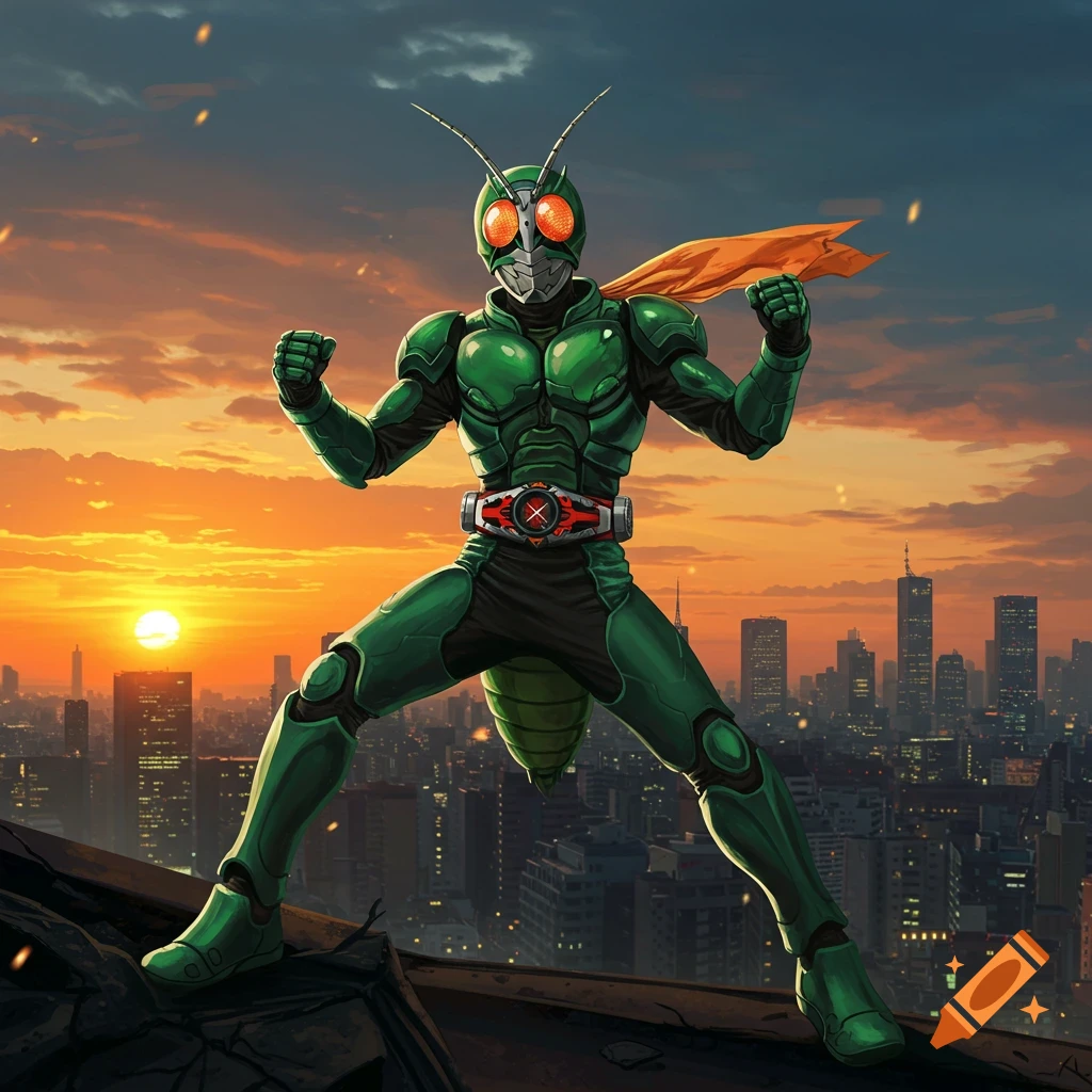 A green Grasshopper Kamen Rider superhero stands powerfully on a rooftop overlooking a city skyline at sunset, an orange scarf flowing.