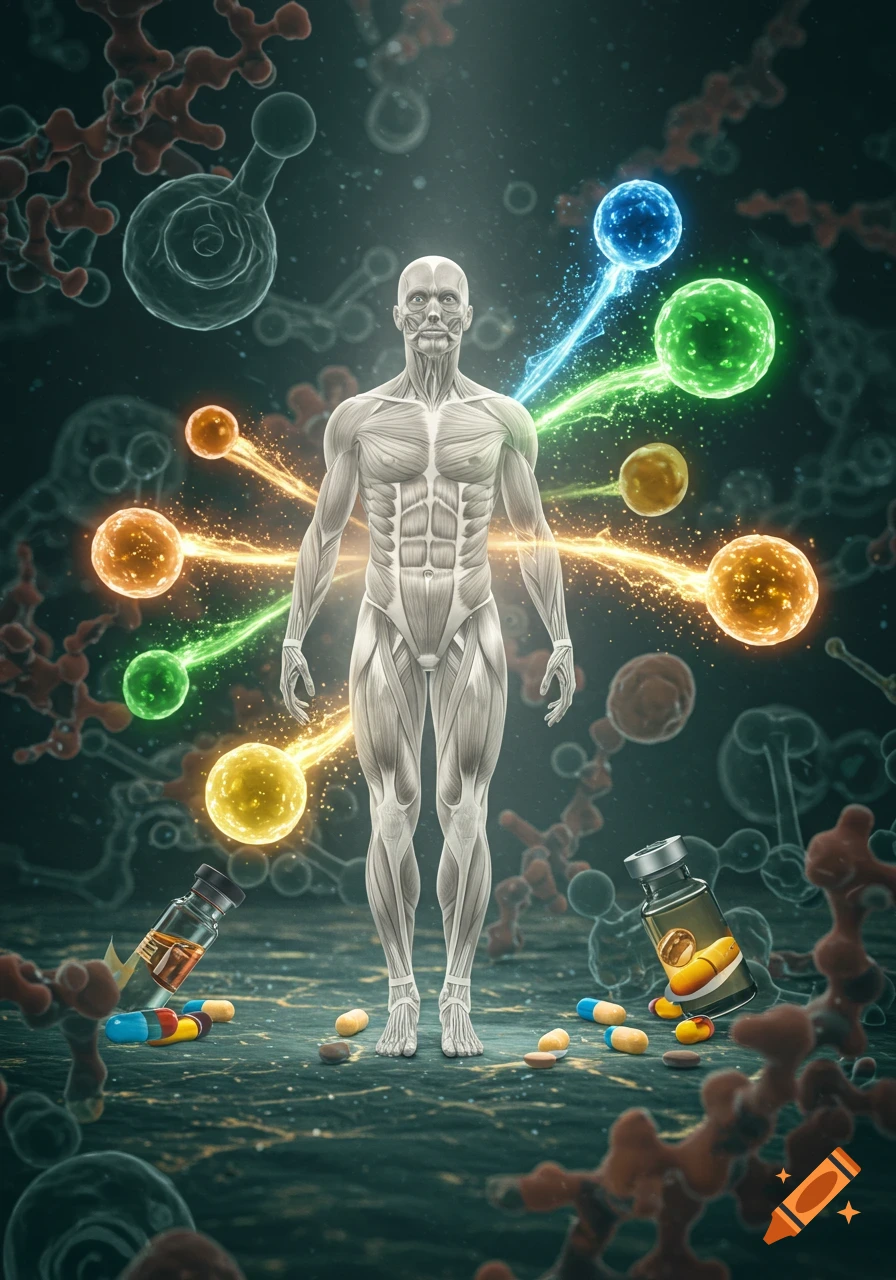 A stylized human muscle system figure stands amidst glowing energy orbs and molecular structures, with vials and pills scattered at its feet, symbolizing health and supplements.