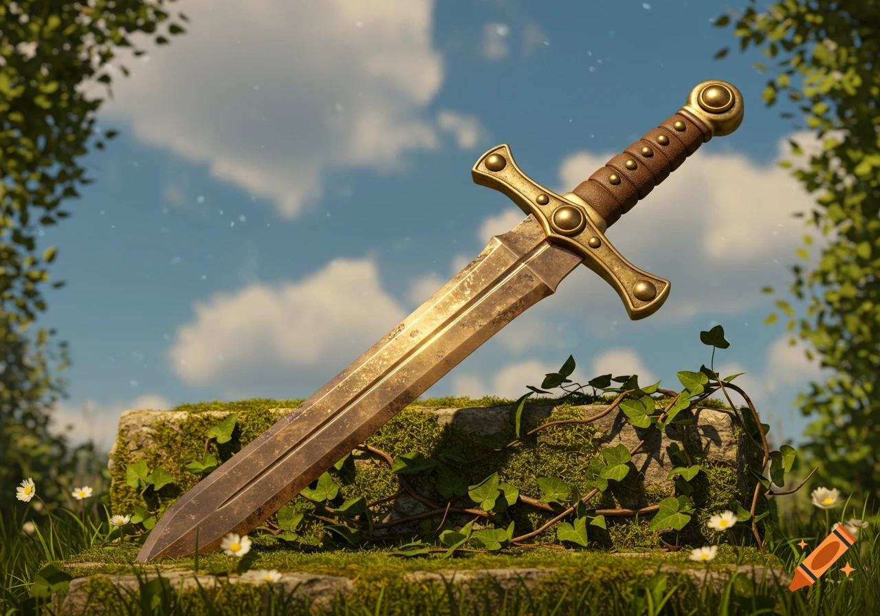 A shimmering bronze sword with a leather-wrapped grip and gold-studded hilt is plunged into mossy stone amidst grass and wildflowers under a blue sky.
