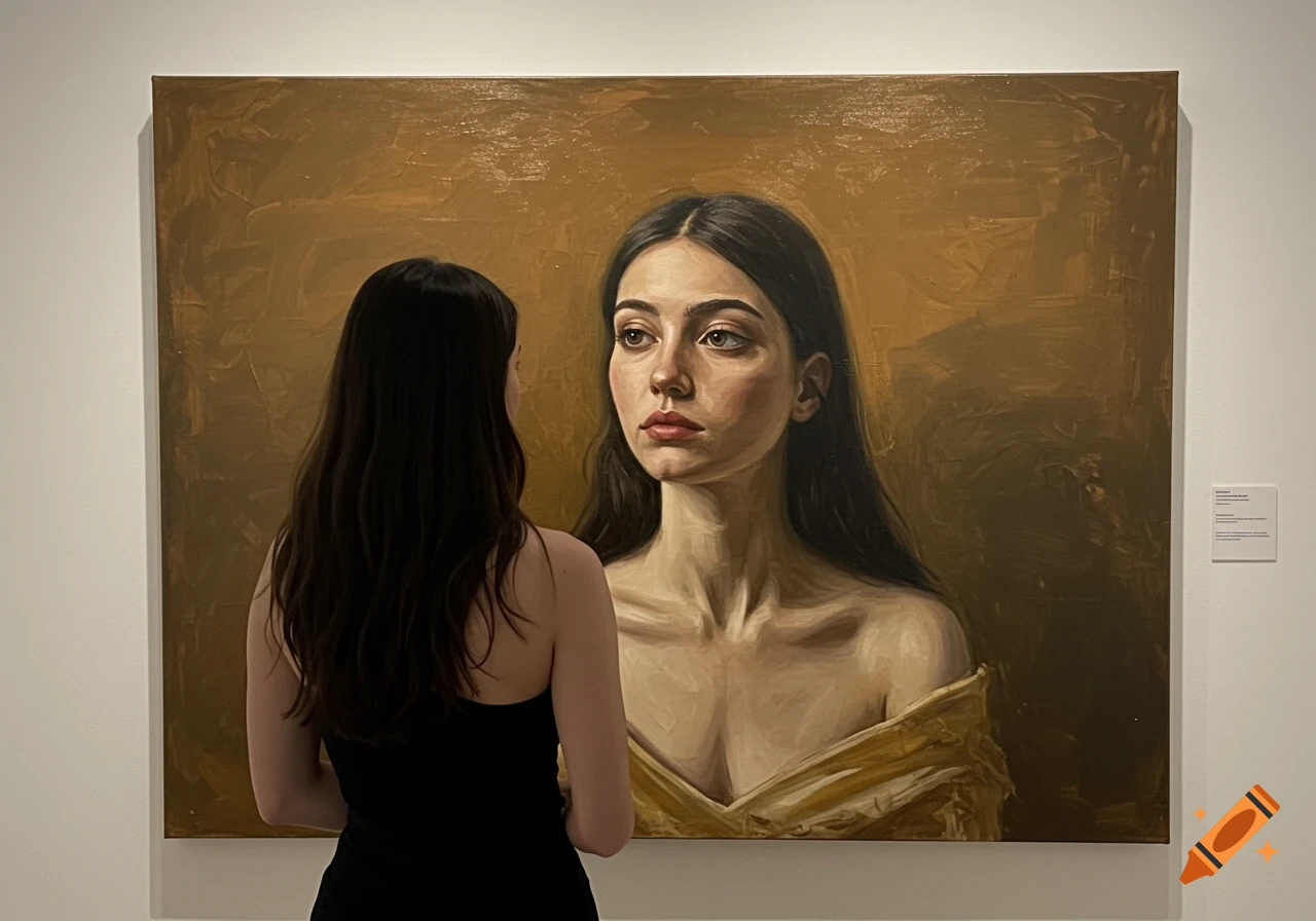 A woman from behind in a black dress views a large, realistic oil painting of a woman in an art gallery with white walls.