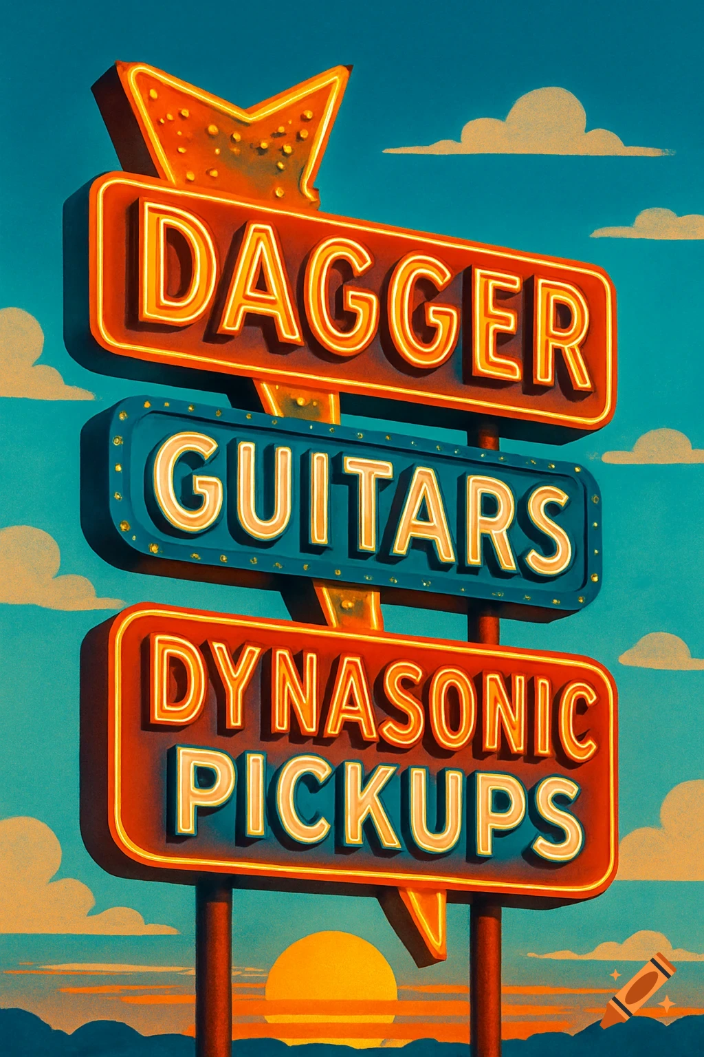 Retro 1950s neon sign for 'Dagger Guitars Dynasonic Pickups' under a blue sky and sunset in a vintage style.