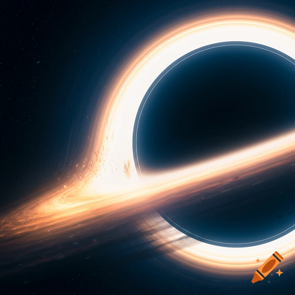 A photorealistic black hole with a bright orange-gold accretion disk spiraling around its dark center in deep space.