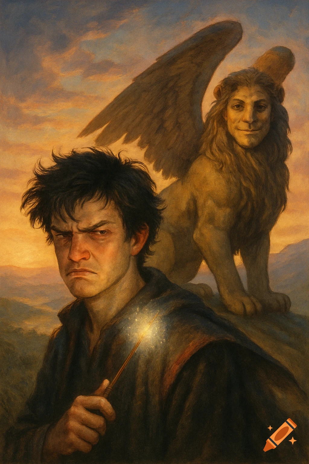 A grumpy young man holding a glowing wand looks at a smiling androsphinx on a hill at sunset, in a book cover style painting.