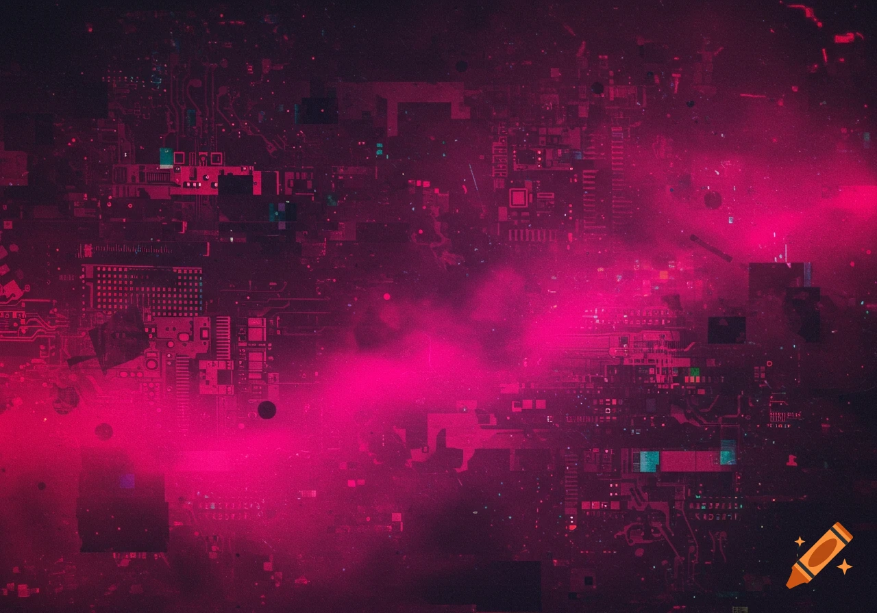 Abstract digital art background featuring glitchy circuit board patterns and glowing pink and magenta light.