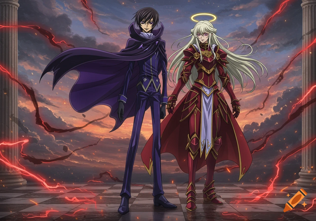 Anime illustration of a man in purple and a woman in red armor with a halo, standing on a checkered floor under a dramatic red-tinged sky.