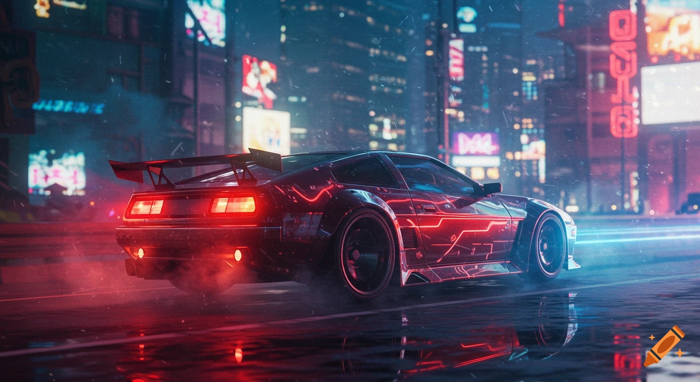 Red and blue neon-lit cyberpunk car on a wet city street at night, with futuristic buildings.