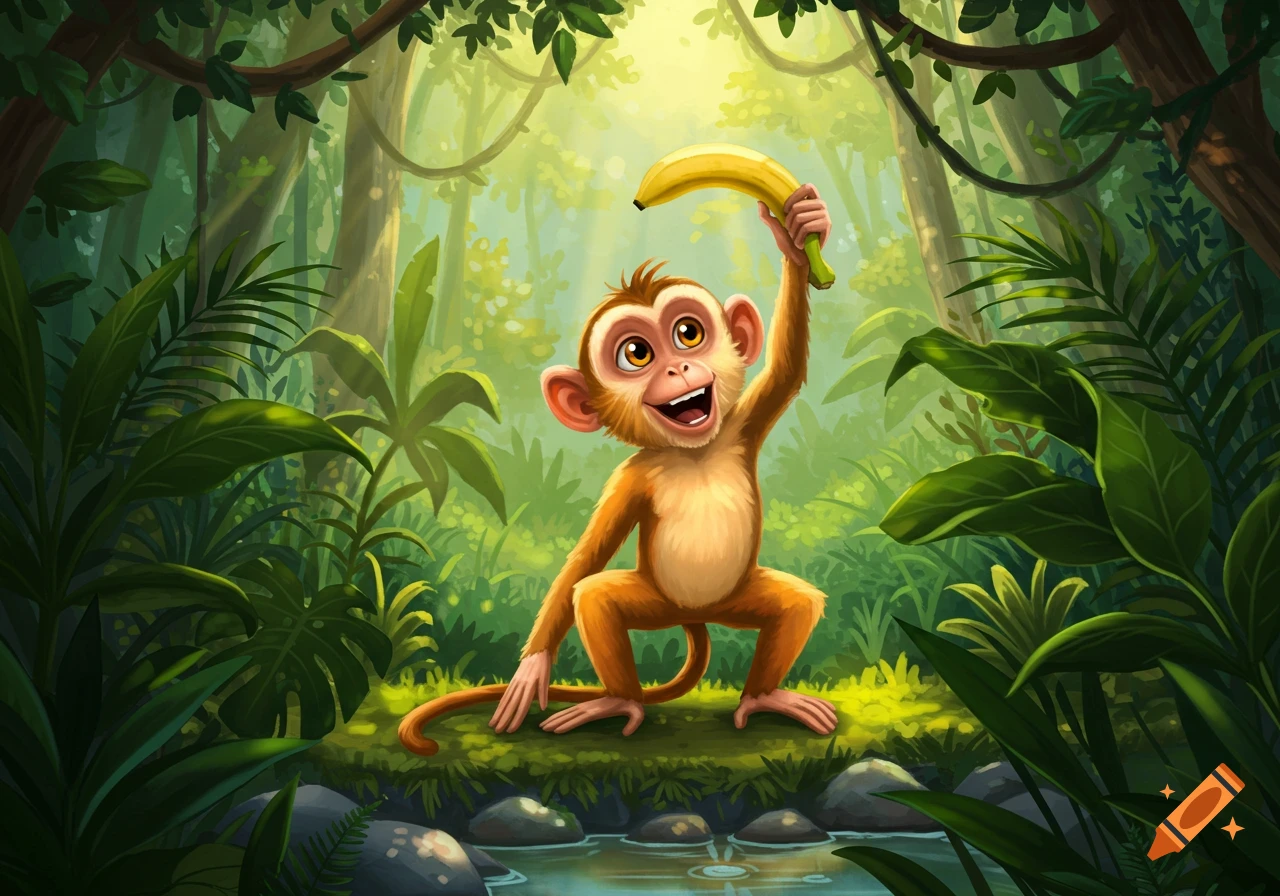A happy cartoon monkey holding a banana in a lush green jungle scene with a small stream.