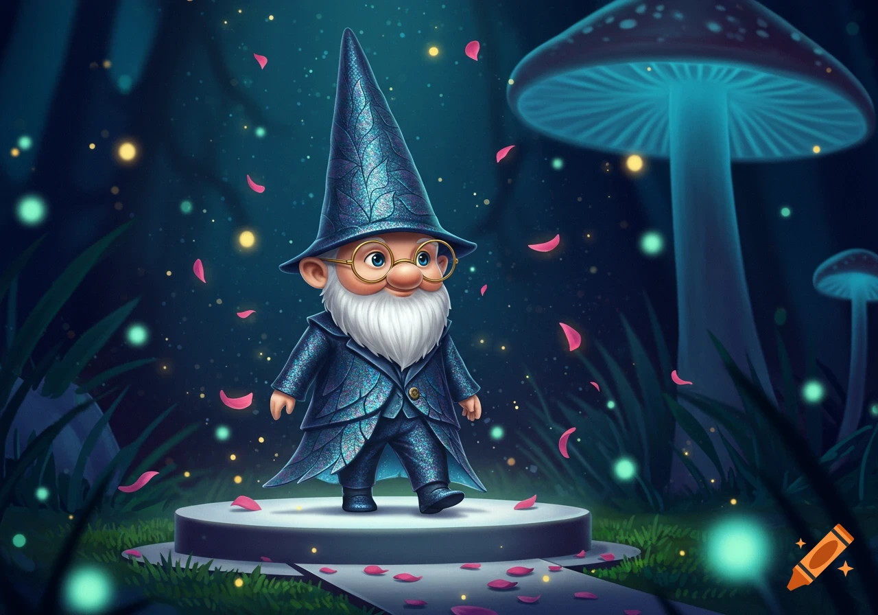 A whimsical gnome in a glittering blue leaf-patterned suit and hat stands on a stage in a glowing magical forest.