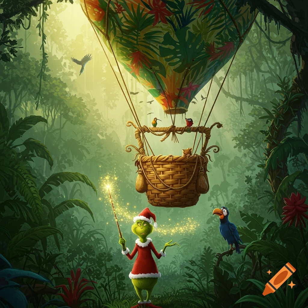 A whimsical illustration of a Grinch-like character in a Santa suit holding a sparkling wand in a lush jungle, beneath a tropical hot air balloon.