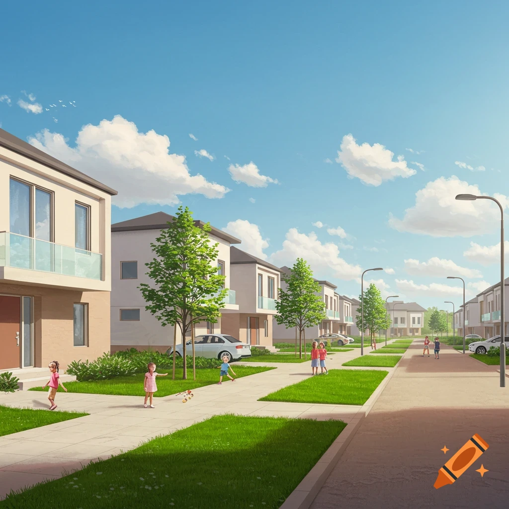 A bright, sunny street in a new suburb with modern houses, green lawns, and children playing on the sidewalks.