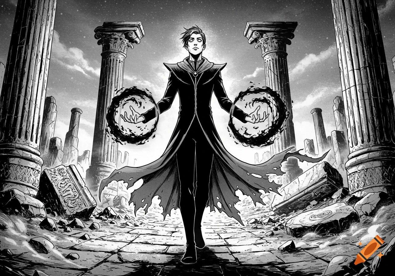 Black and white manga illustration of a young sorcerer with dark magic, standing in ancient ruins.
