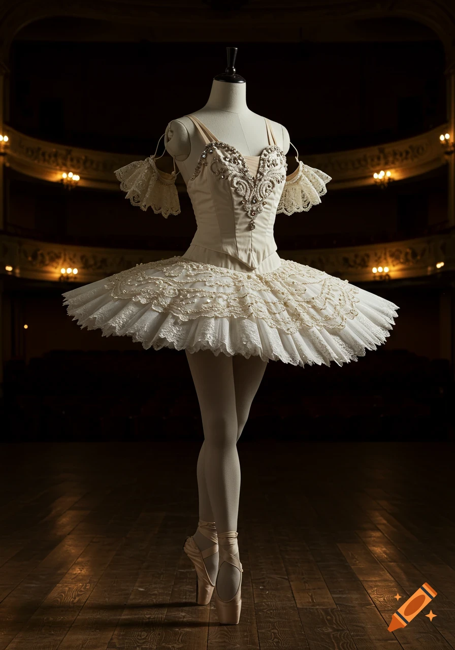 An ornate white ballet tutu on a mannequin, standing on a wooden stage with a dark, blurred theater background.